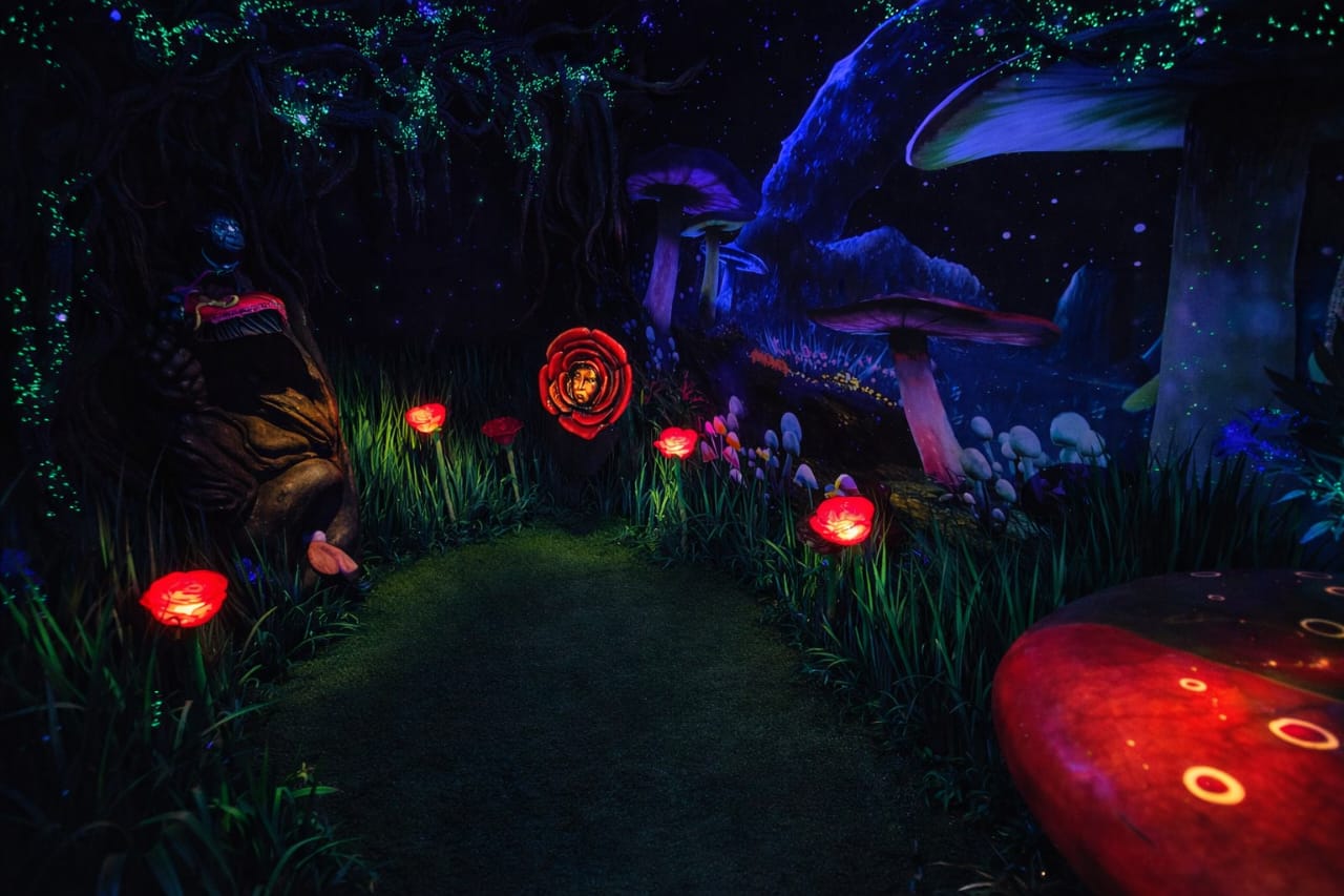 Interior da sala Alice — floresta encantada com cogumelos gigantes, rosas luminosas e brilho mágico